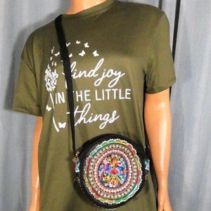 Pretty Embroidered Circle Bag Black with Bright Colors